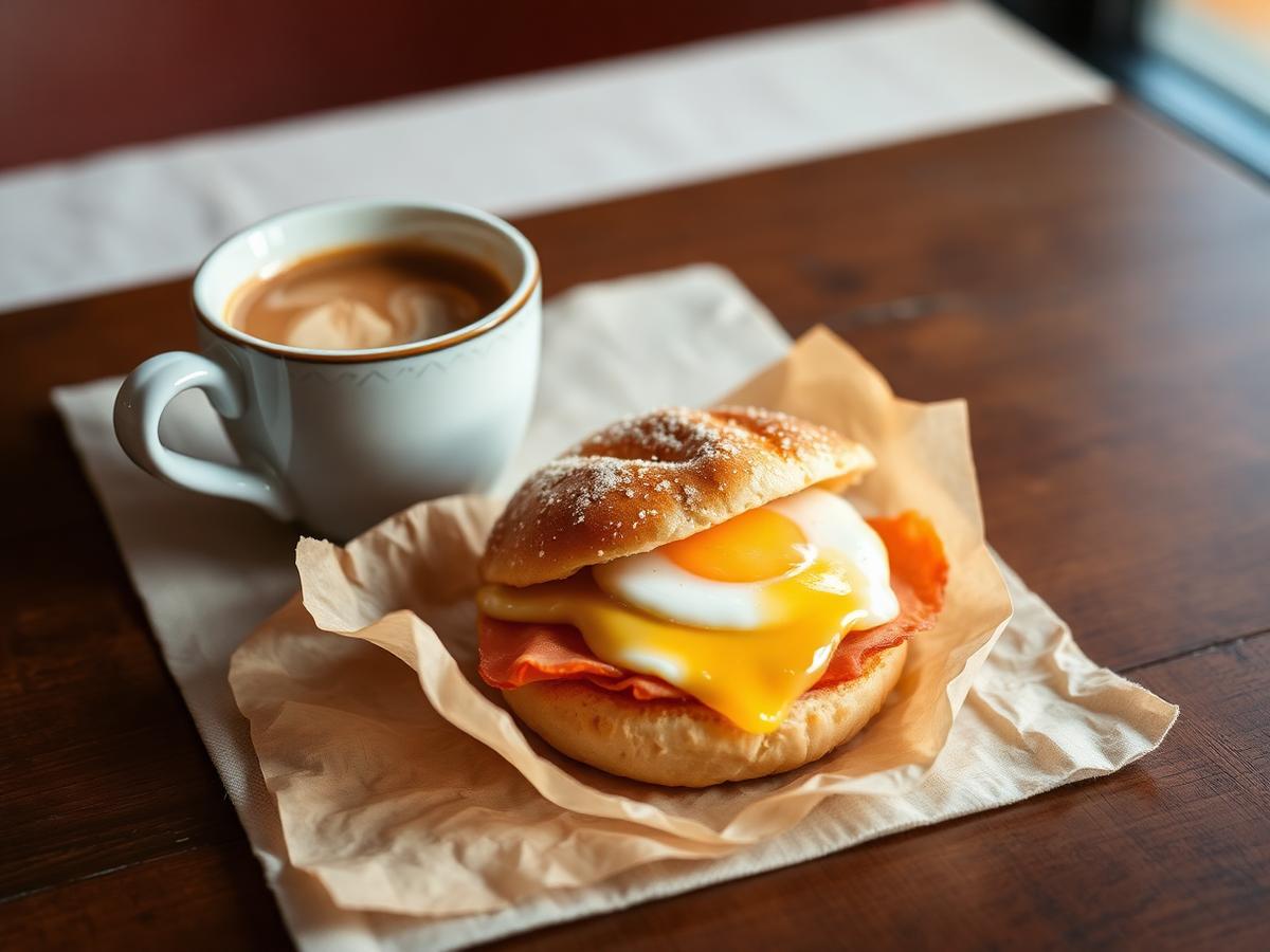 Ham, egg and cheese scone bun with brewed coffee